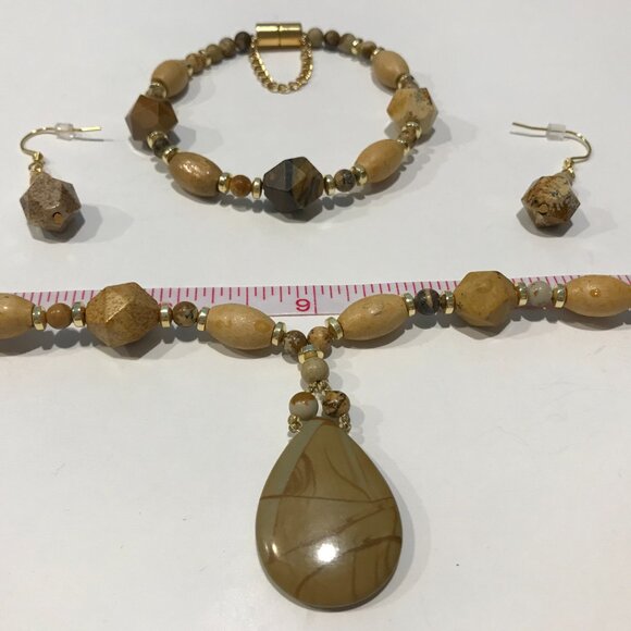 Jasper SET New Jasper Picture Necklace Bracelet Earrings Set Star Cut Handmade - Picture 1 of 11